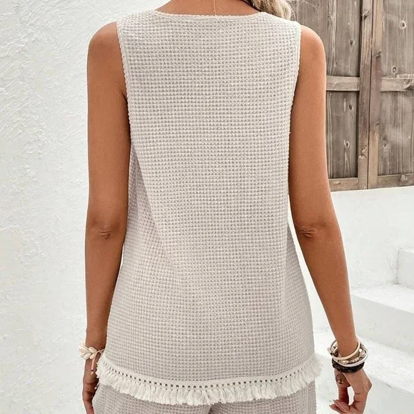 Apricot Boho Womens Waffle Knit Tank Top & Fringe Trim Shorts - Picture 2 of 5
